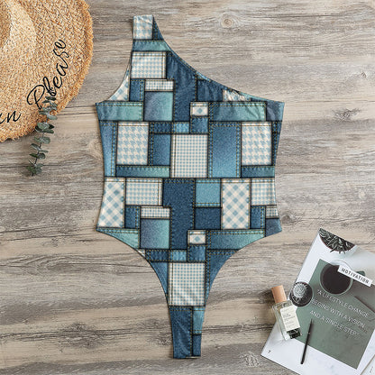 Plaid And Denim Patchwork Pattern Print One Shoulder Bodysuit