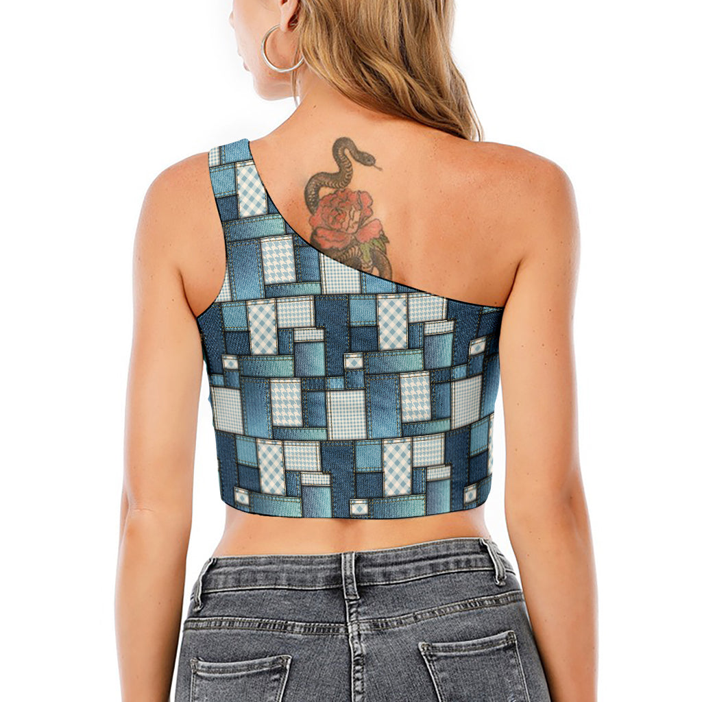 Plaid And Denim Patchwork Pattern Print One Shoulder Crop Top