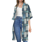 Plaid And Denim Patchwork Pattern Print Open Front Beach Cover Up