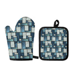 Plaid And Denim Patchwork Pattern Print Oven Mitt And Pot Holder Set