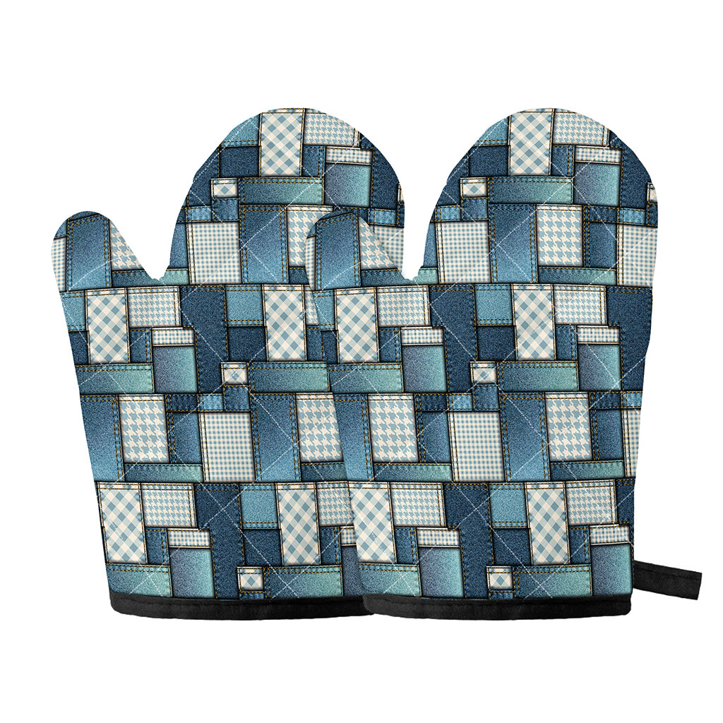 Plaid And Denim Patchwork Pattern Print Oven Mitts
