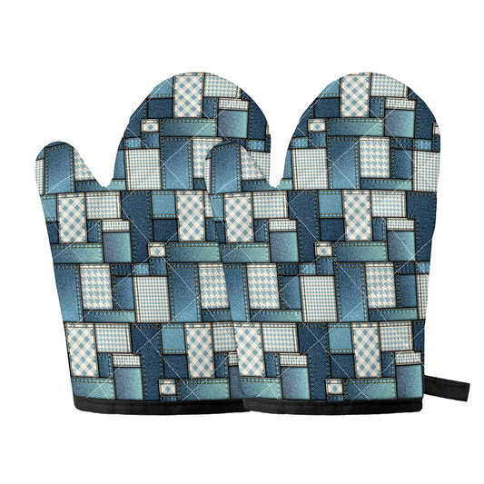 Plaid And Denim Patchwork Pattern Print Oven Mitts