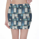 Plaid And Denim Patchwork Pattern Print Pencil Mini Skirt