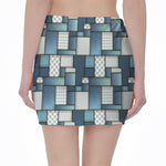Plaid And Denim Patchwork Pattern Print Pencil Mini Skirt