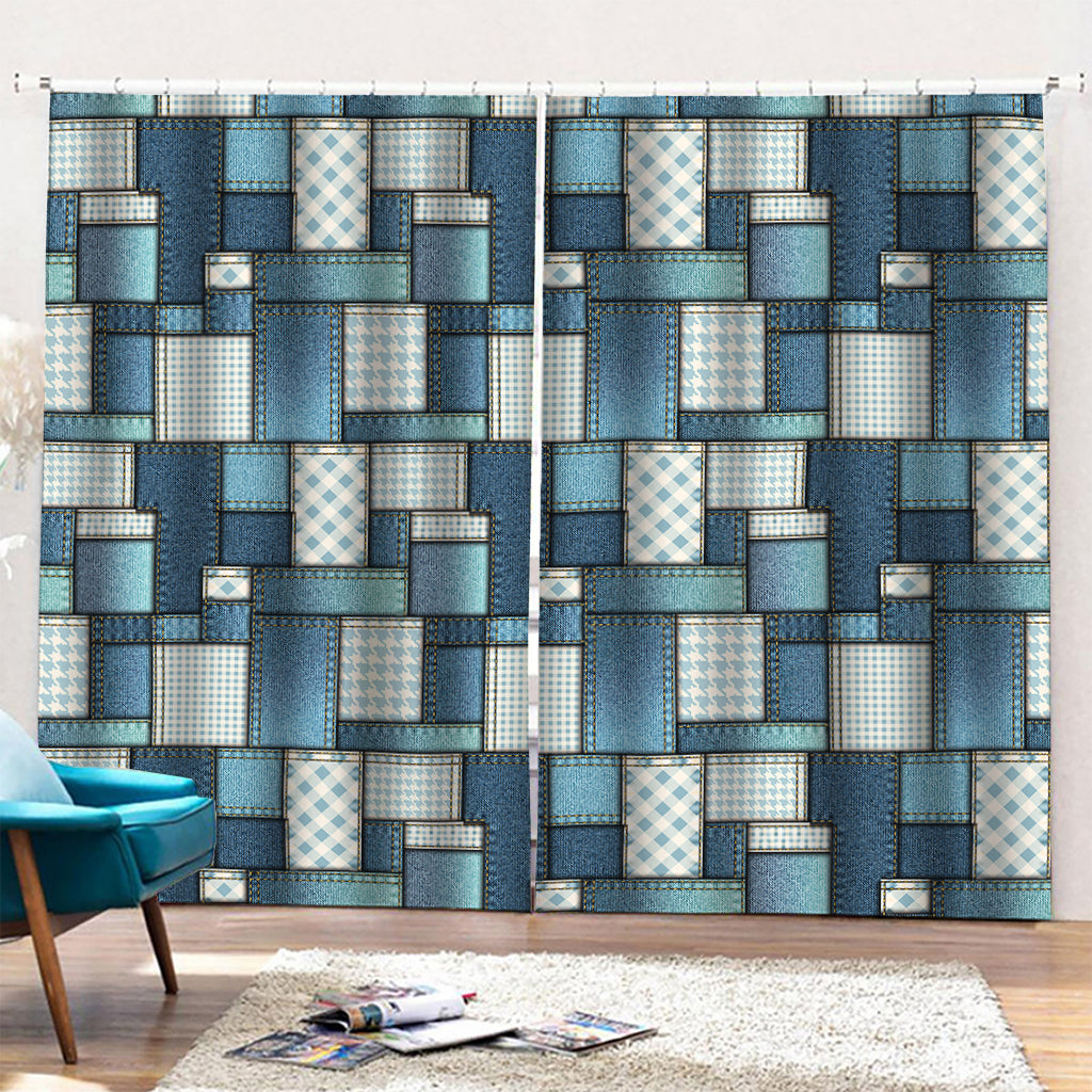 Plaid And Denim Patchwork Pattern Print Pencil Pleat Curtains