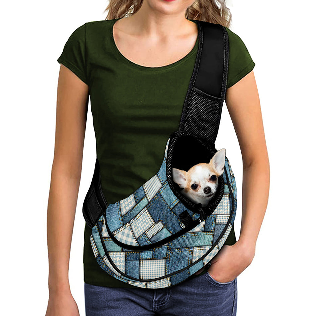 Plaid And Denim Patchwork Pattern Print Pet Sling Carrier