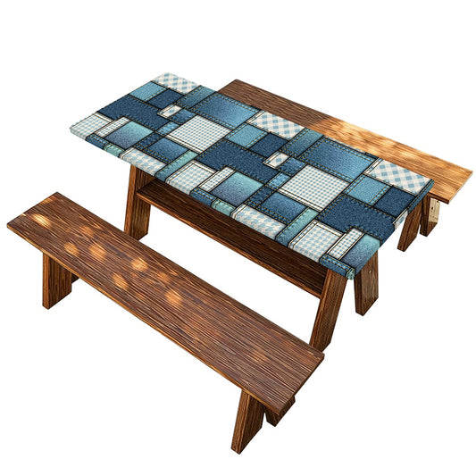Plaid And Denim Patchwork Pattern Print Picnic Table Cover