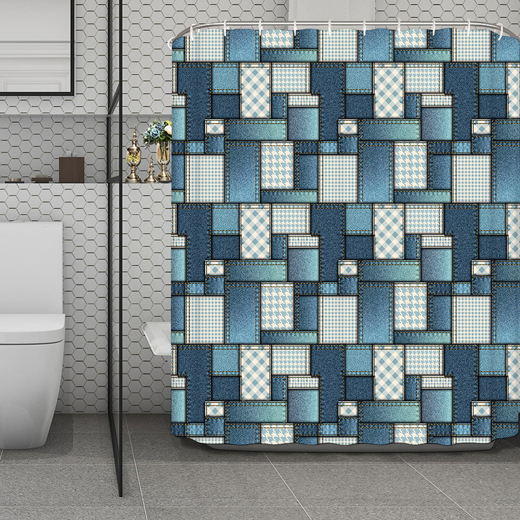 Plaid And Denim Patchwork Pattern Print Polyester Shower Curtain