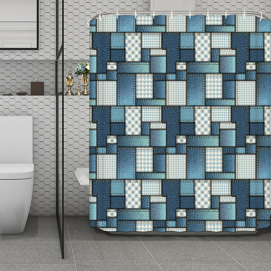 Plaid And Denim Patchwork Pattern Print Polyester Shower Curtain