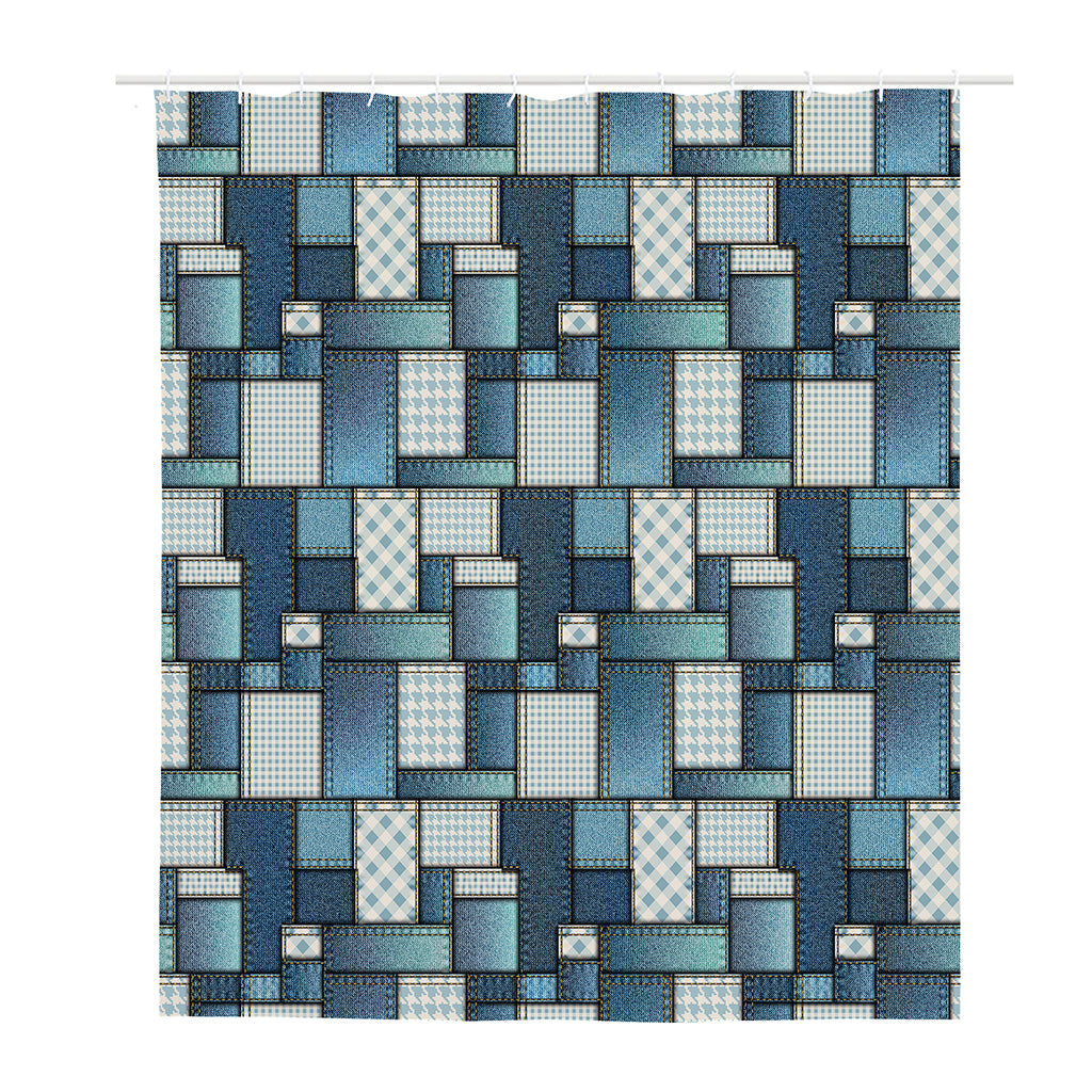 Plaid And Denim Patchwork Pattern Print Polyester Shower Curtain