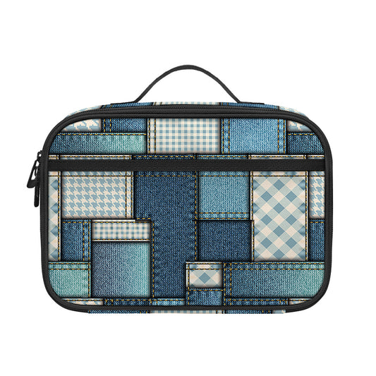 Plaid And Denim Patchwork Pattern Print Portable Lunch Bag