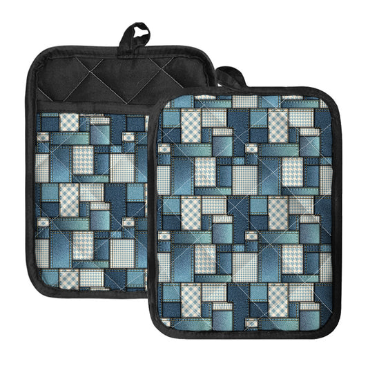 Plaid And Denim Patchwork Pattern Print Pot Holders With Pocket