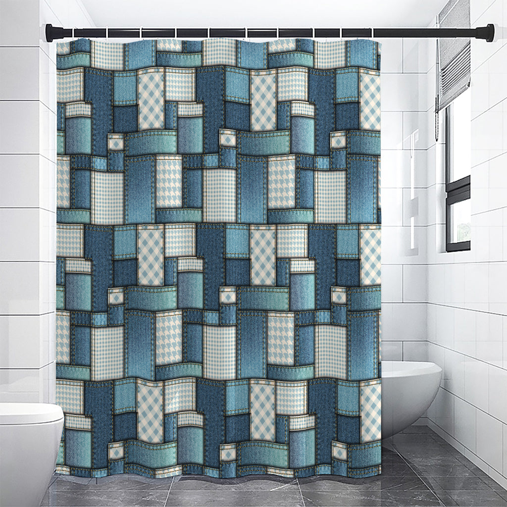 Plaid And Denim Patchwork Pattern Print Premium Shower Curtain