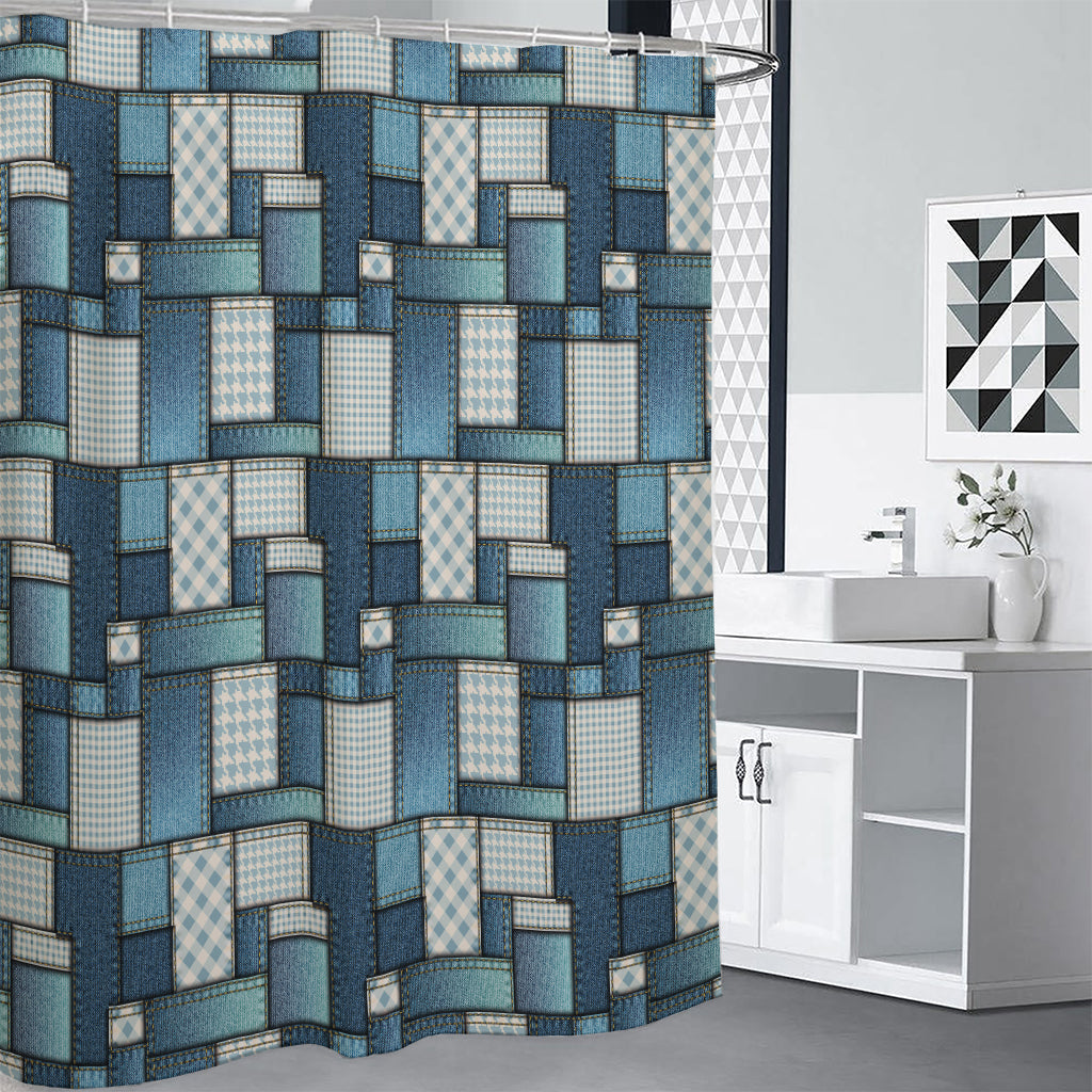 Plaid And Denim Patchwork Pattern Print Premium Shower Curtain