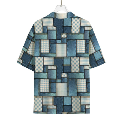 Plaid And Denim Patchwork Pattern Print Rayon Hawaiian Shirt