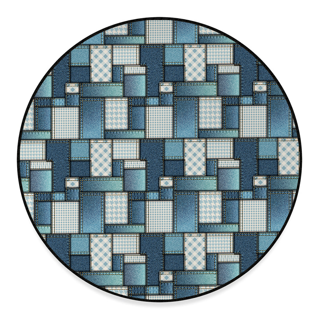 Plaid And Denim Patchwork Pattern Print Round Floor Mat