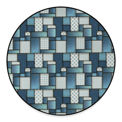 Plaid And Denim Patchwork Pattern Print Round Floor Mat