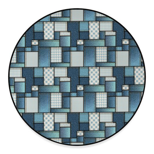 Plaid And Denim Patchwork Pattern Print Round Floor Mat