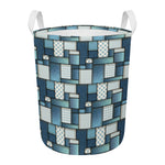 Plaid And Denim Patchwork Pattern Print Round Laundry Basket