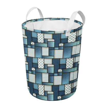 Plaid And Denim Patchwork Pattern Print Round Laundry Basket