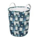 Plaid And Denim Patchwork Pattern Print Round Laundry Basket