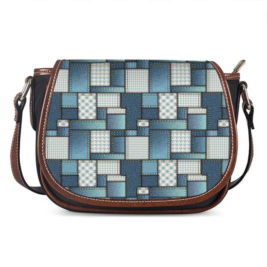 Plaid And Denim Patchwork Pattern Print Saddle Bag