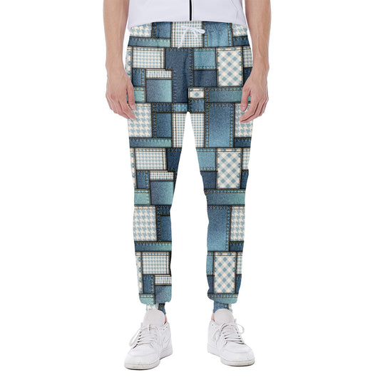 Plaid And Denim Patchwork Pattern Print Scuba Joggers