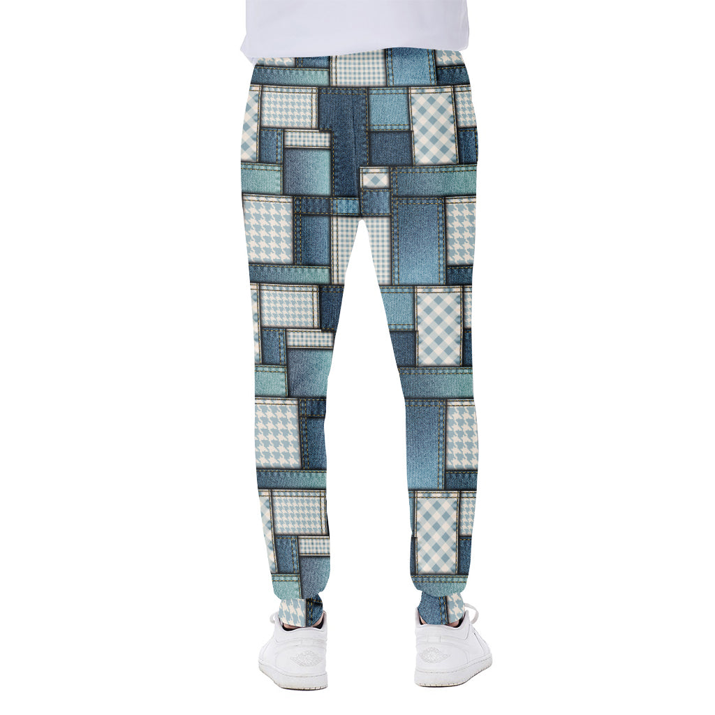 Plaid And Denim Patchwork Pattern Print Scuba Joggers