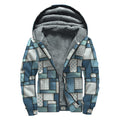 Plaid And Denim Patchwork Pattern Print Sherpa Lined Zip Up Hoodie