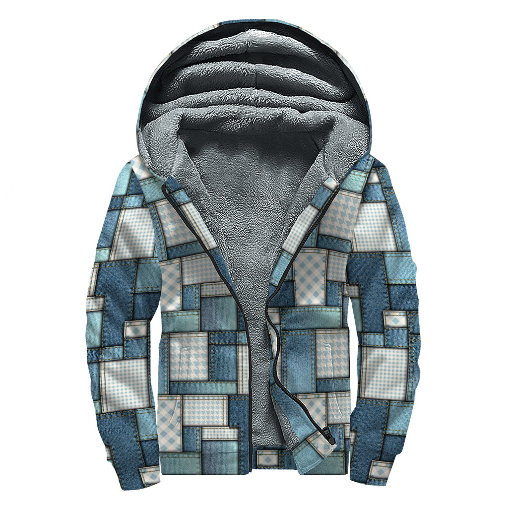 Plaid And Denim Patchwork Pattern Print Sherpa Lined Zip Up Hoodie