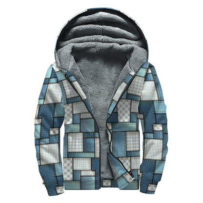 Plaid And Denim Patchwork Pattern Print Sherpa Lined Zip Up Hoodie