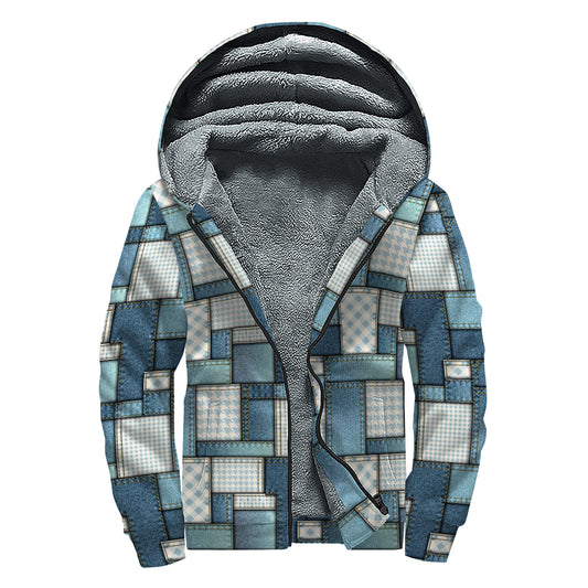Plaid And Denim Patchwork Pattern Print Sherpa Lined Zip Up Hoodie