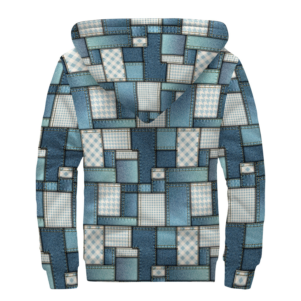 Plaid And Denim Patchwork Pattern Print Sherpa Lined Zip Up Hoodie