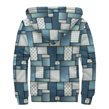 Plaid And Denim Patchwork Pattern Print Sherpa Lined Zip Up Hoodie