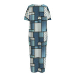 Plaid And Denim Patchwork Pattern Print Short Sleeve Long Nightdress