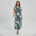 Plaid And Denim Patchwork Pattern Print Short Sleeve Maxi Dress