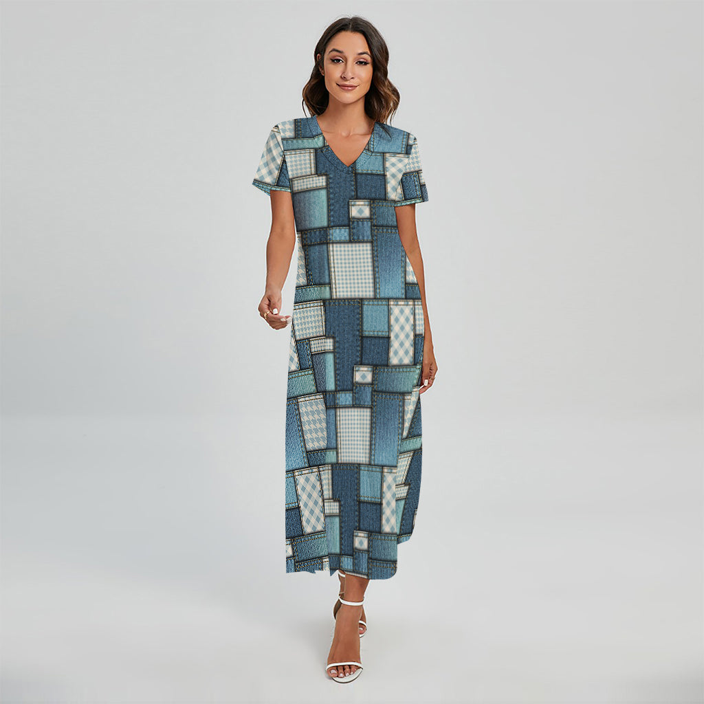 Plaid And Denim Patchwork Pattern Print Short Sleeve Maxi Dress