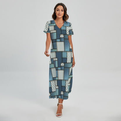 Plaid And Denim Patchwork Pattern Print Short Sleeve Maxi Dress