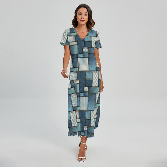 Plaid And Denim Patchwork Pattern Print Short Sleeve Maxi Dress