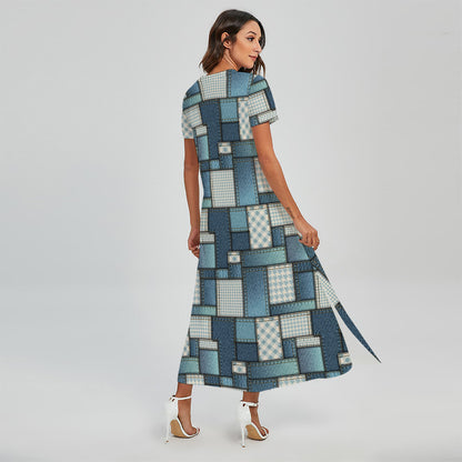 Plaid And Denim Patchwork Pattern Print Short Sleeve Maxi Dress