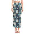 Plaid And Denim Patchwork Pattern Print Side Slit Maxi Skirt