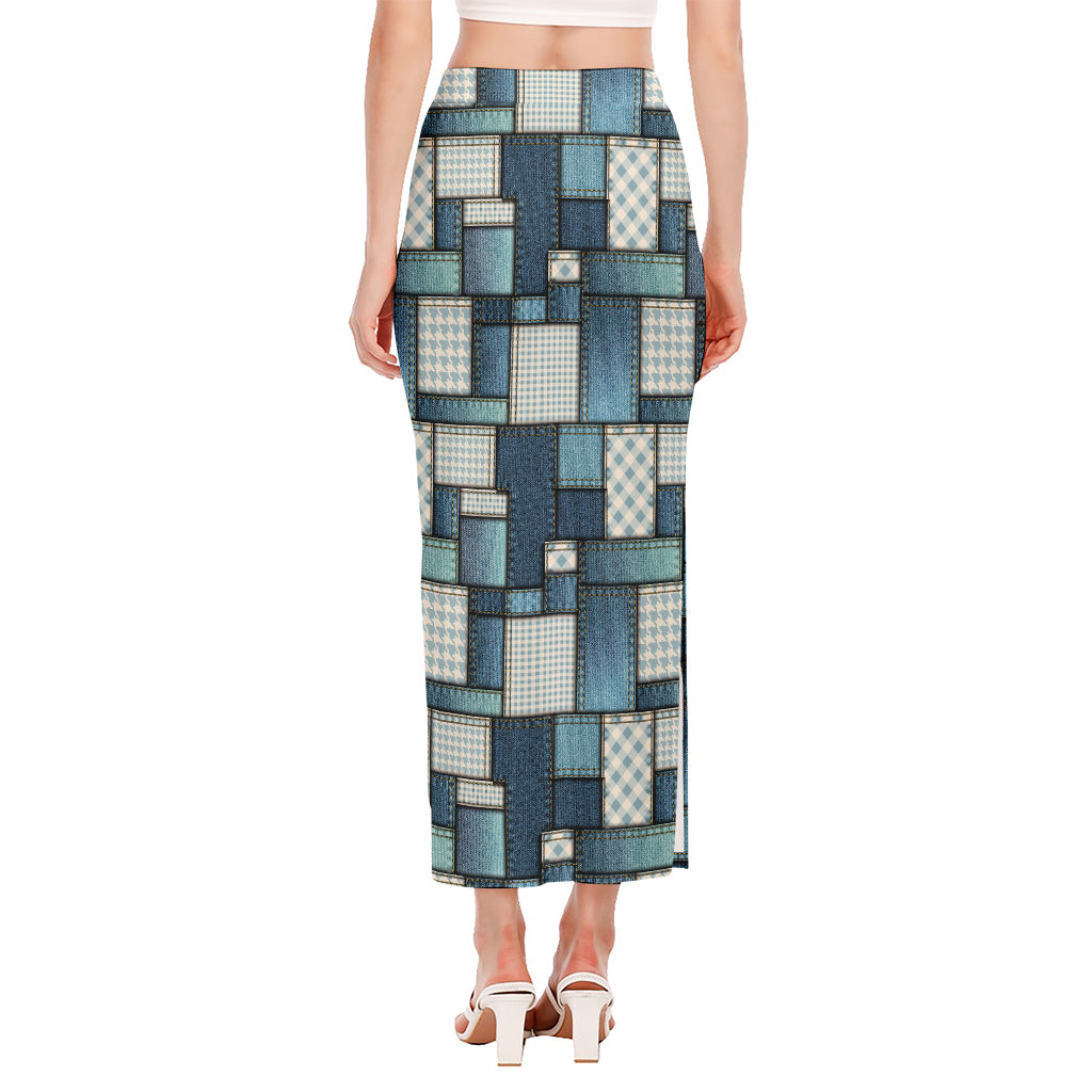 Plaid And Denim Patchwork Pattern Print Side Slit Maxi Skirt