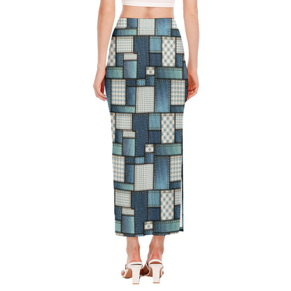 Plaid And Denim Patchwork Pattern Print Side Slit Maxi Skirt