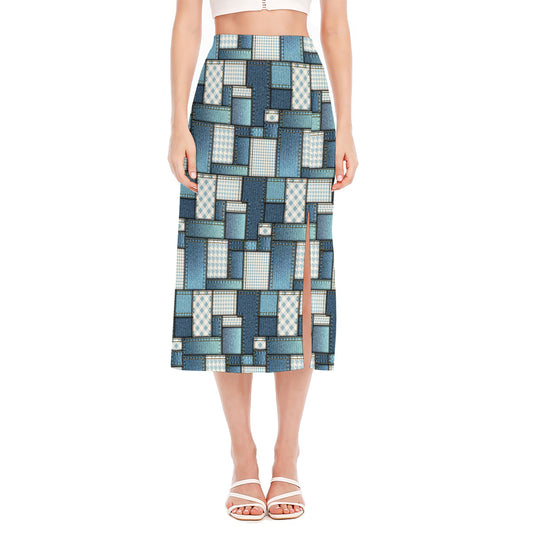 Plaid And Denim Patchwork Pattern Print Side Slit Midi Skirt