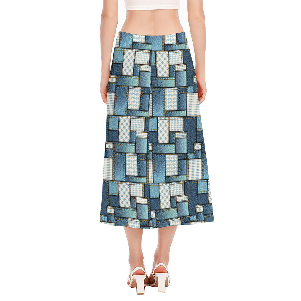 Plaid And Denim Patchwork Pattern Print Side Slit Midi Skirt