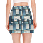 Plaid And Denim Patchwork Pattern Print Side Slit Mini Skirt
