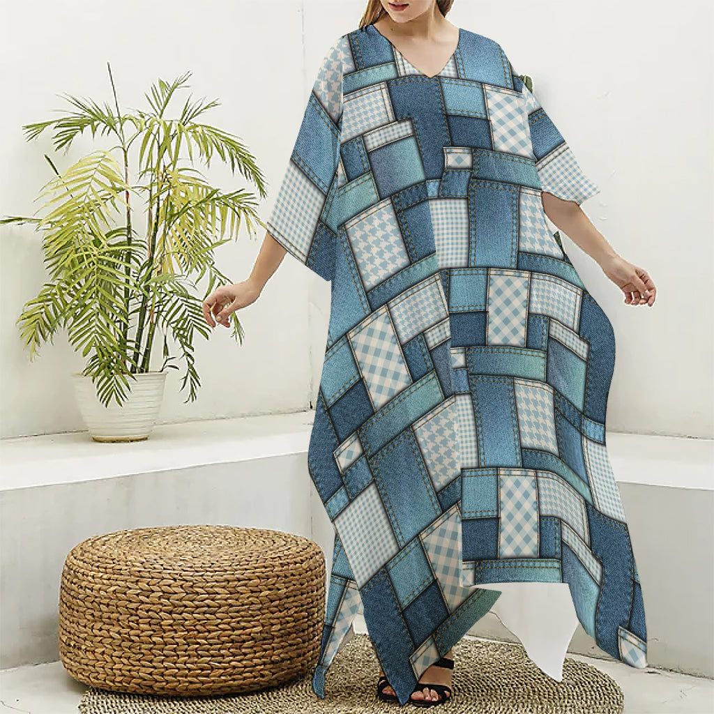 Plaid And Denim Patchwork Pattern Print Silk V-Neck Kaftan Dress