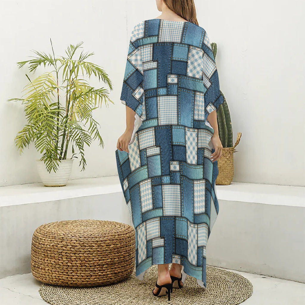 Plaid And Denim Patchwork Pattern Print Silk V-Neck Kaftan Dress