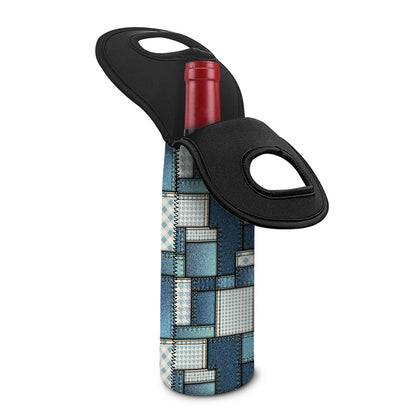 Plaid And Denim Patchwork Pattern Print Single Neoprene Wine Tote