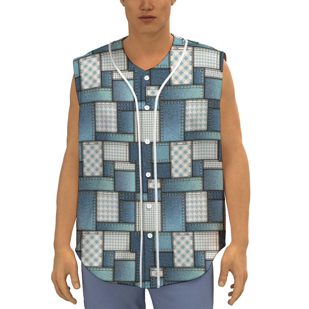 Plaid And Denim Patchwork Pattern Print Sleeveless Baseball Jersey